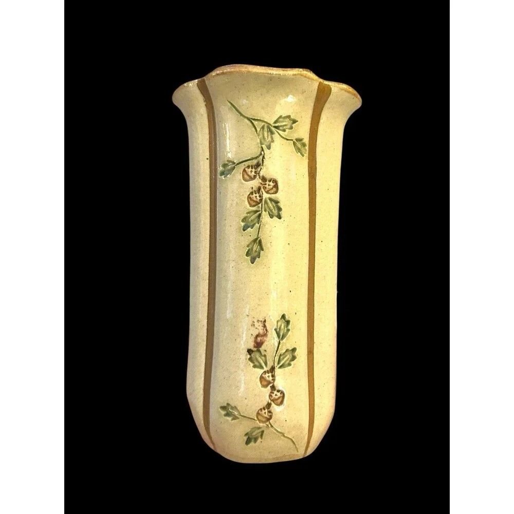 Vtg MPM Vermont Mountain Meadows Pottery Stoneware Vase Acorns & Leaves 5.5